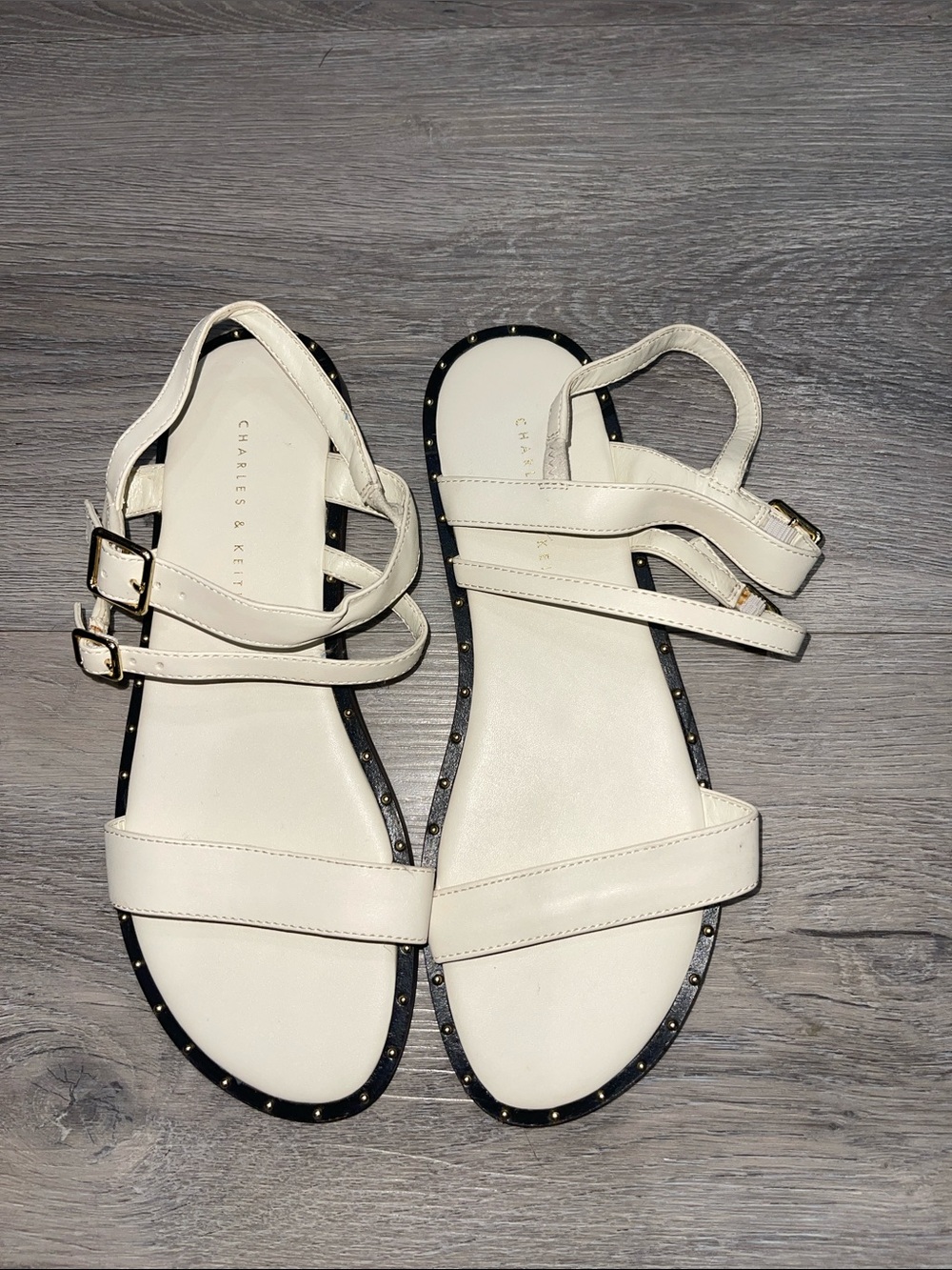 Charles & Keith Cream Double-Strap Stud-Trim Sandals